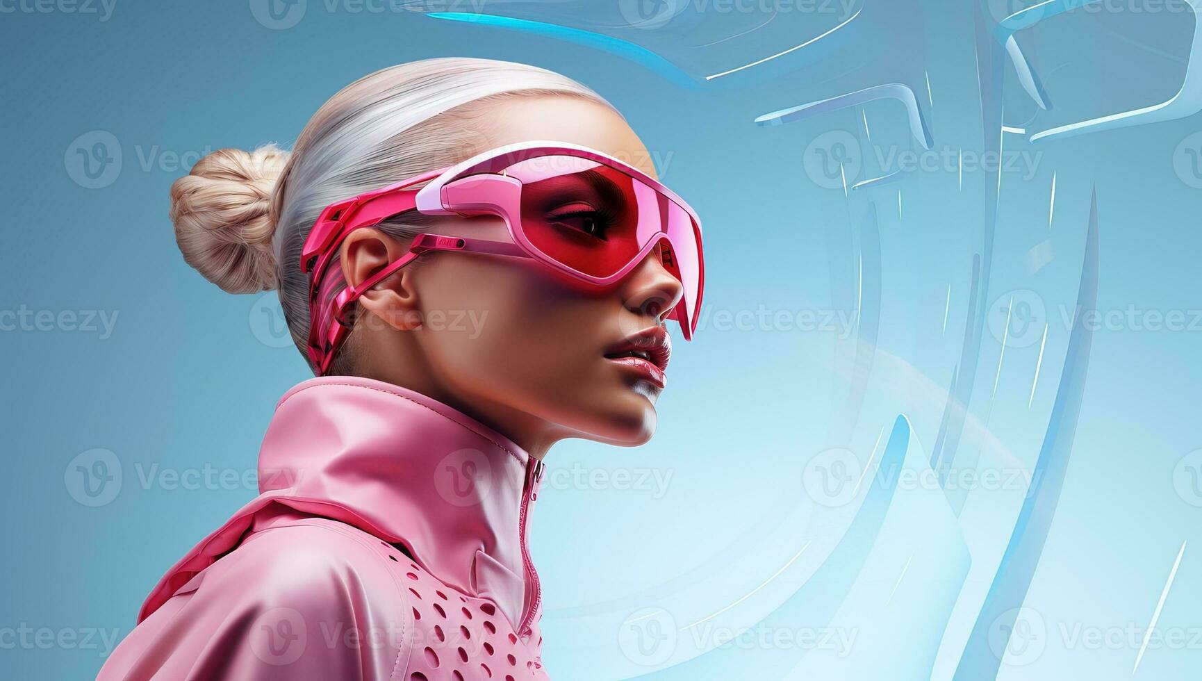 Fashionable blonde woman in pink sunglasses. AI Generated. photo