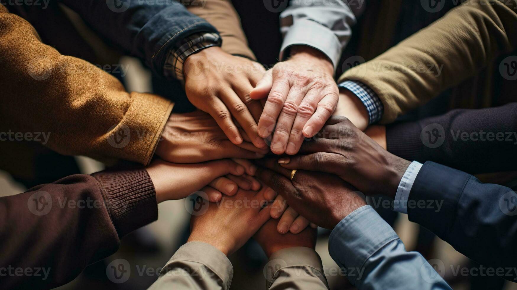 Teamwork concept. Close up of business people joining hands together. AI Generated. photo