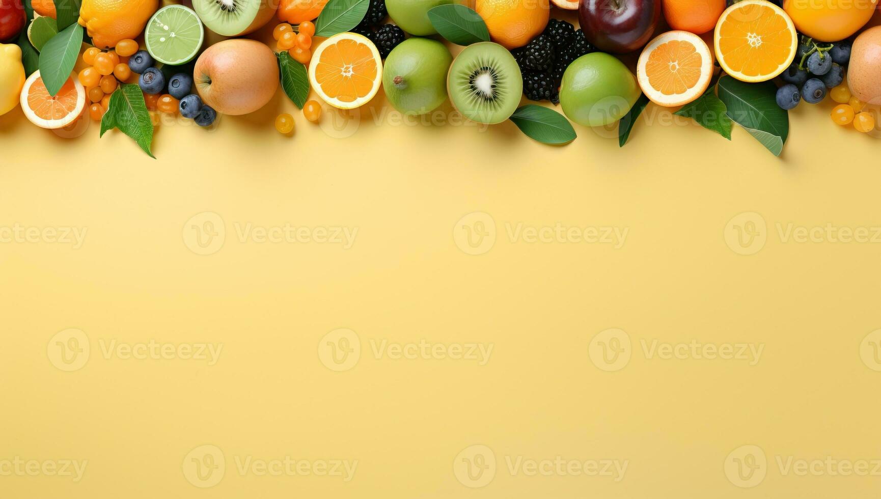 Fruits and berries on yellow background, flat lay. Space for text AI Generated photo