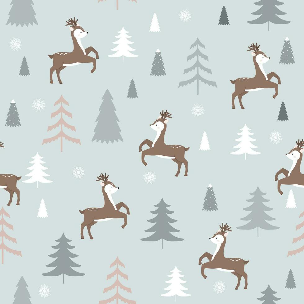 Seamless pattern with cute deer with christmas tree. Deer, fir-tree and snowflakes. vector