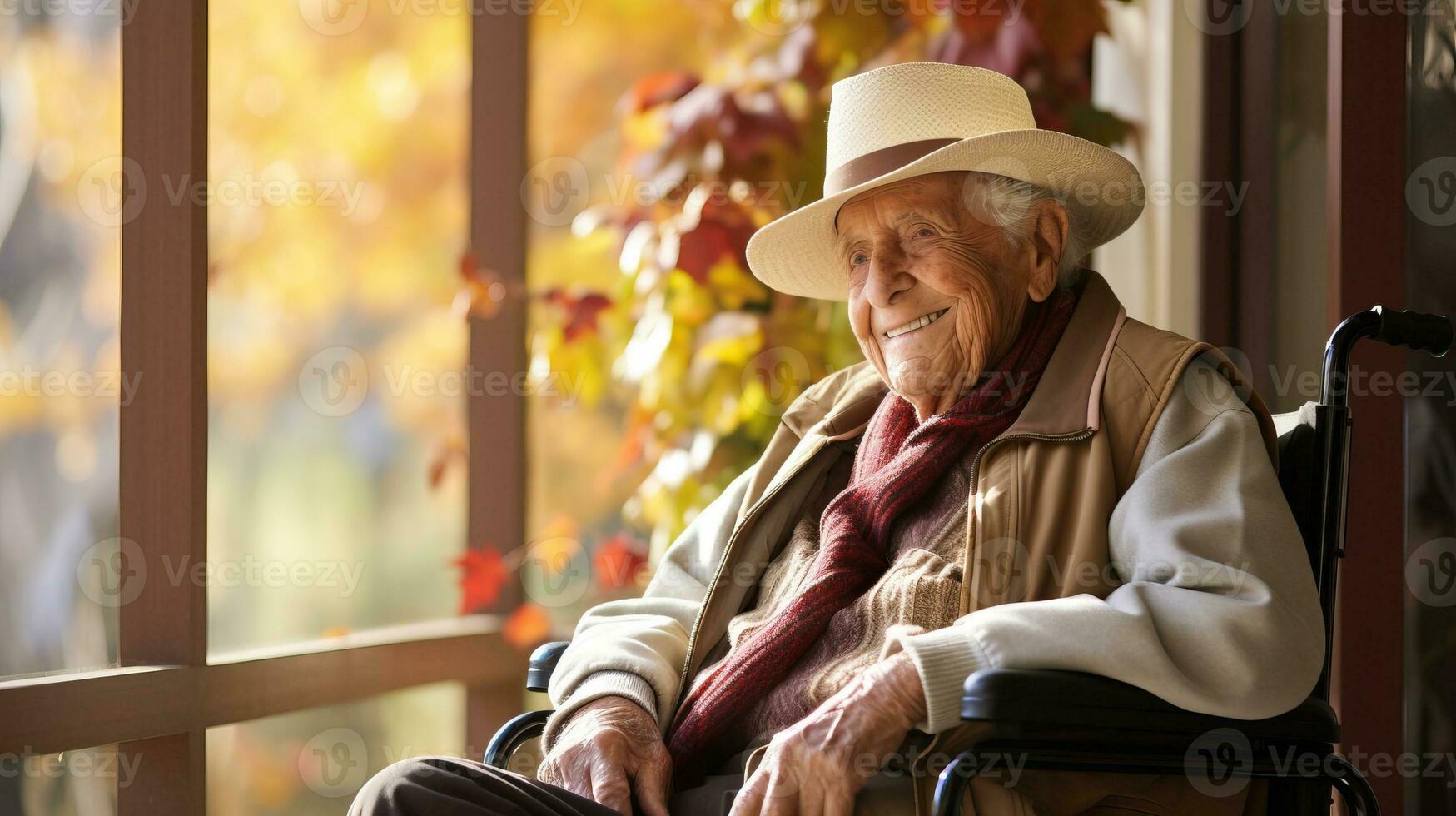 Elderly man in a wheelchair on the background of autumn leaves. AI Generated. photo