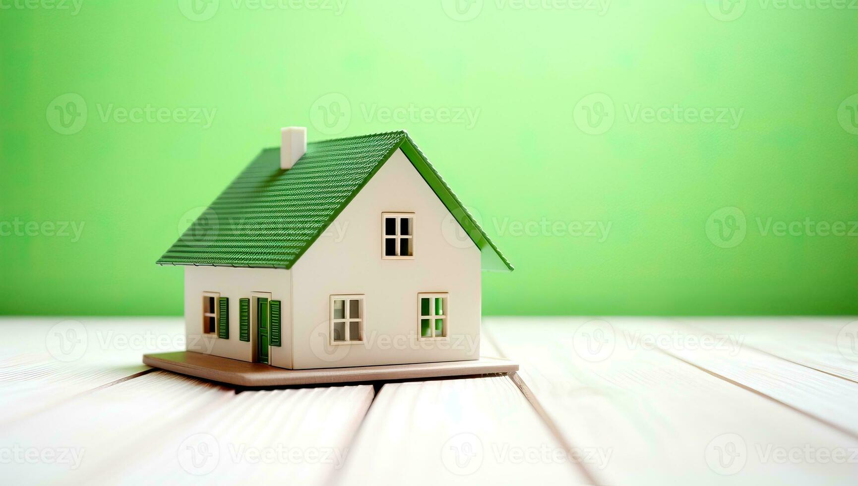 House model on wooden table with green background. Real estate concept. AI Generated. photo