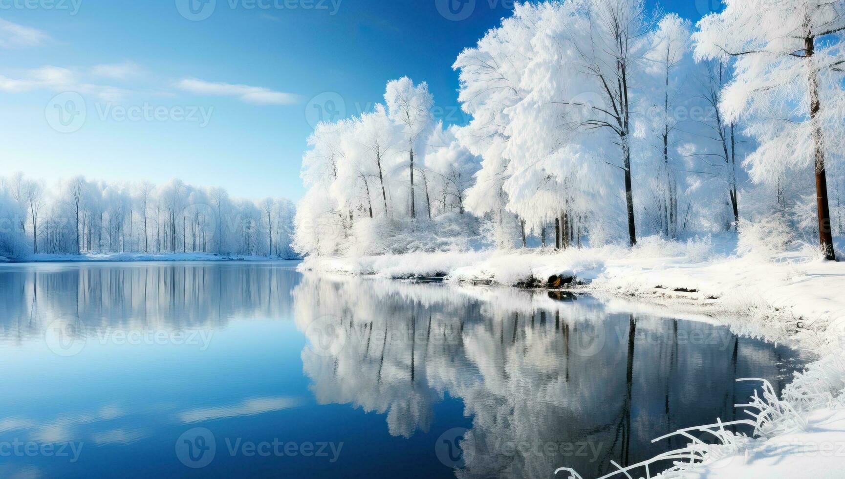 Winter landscape with a lake and trees covered with hoarfrost. AI Generated. photo