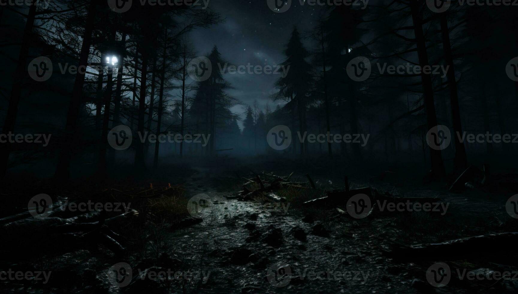 Mysterious dark forest at night with moonlight. Halloween concept. AI Generated. photo