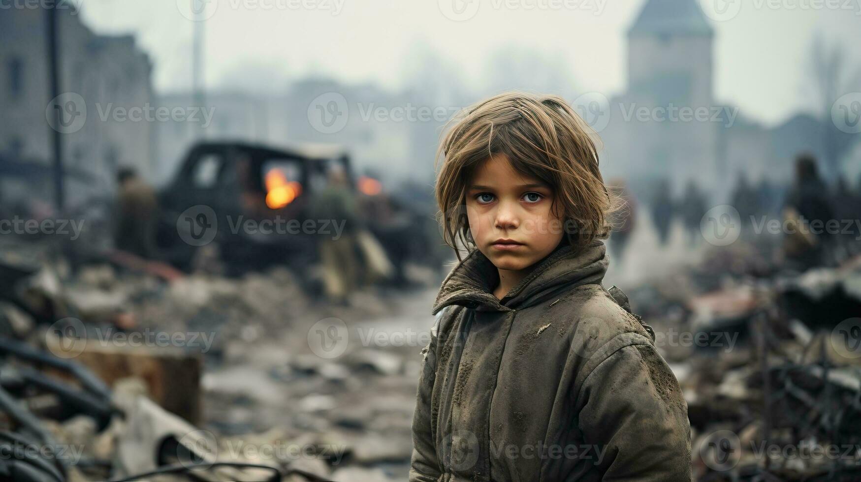 Portrait of a boy in the middle of a burning city. The atmosphere of war. AI Generated. photo