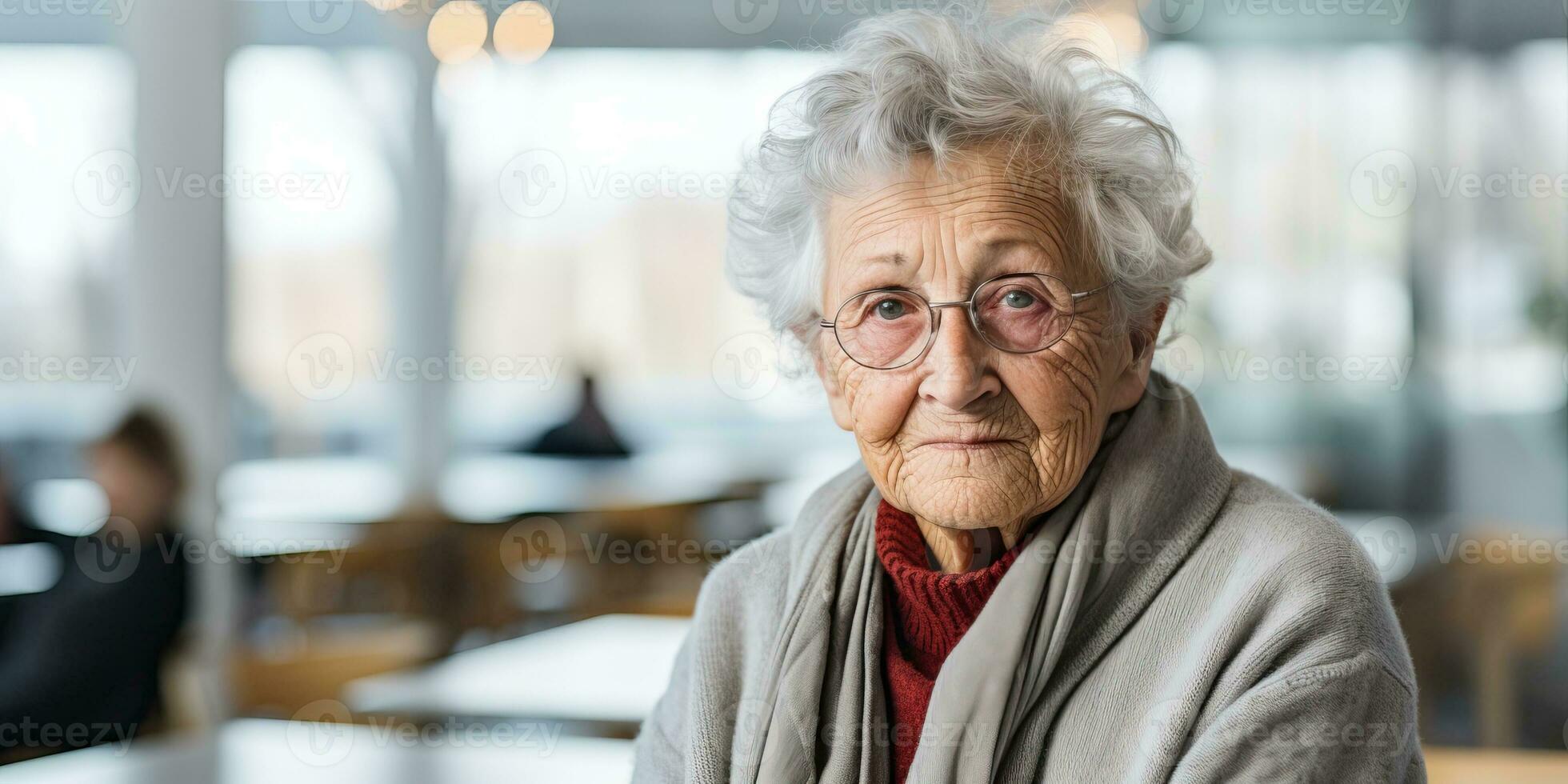 senior woman in eyeglasses looking at camera in nursing home AI Generated photo