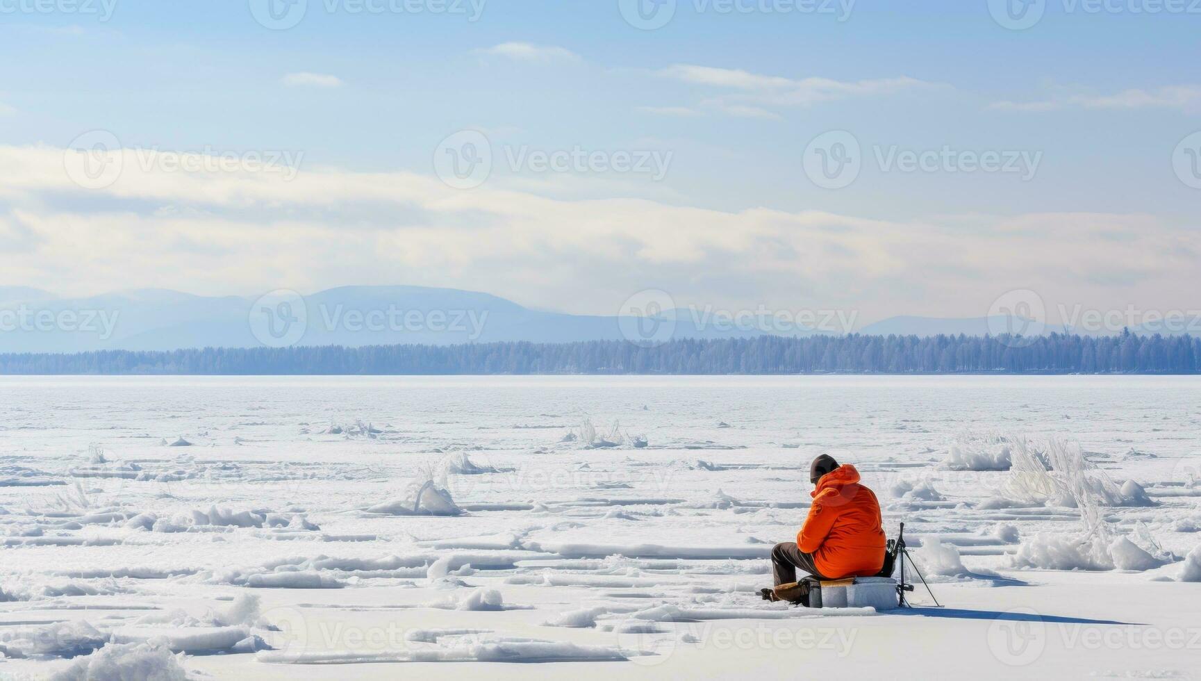 invierno pescar en lago. ai generado. foto