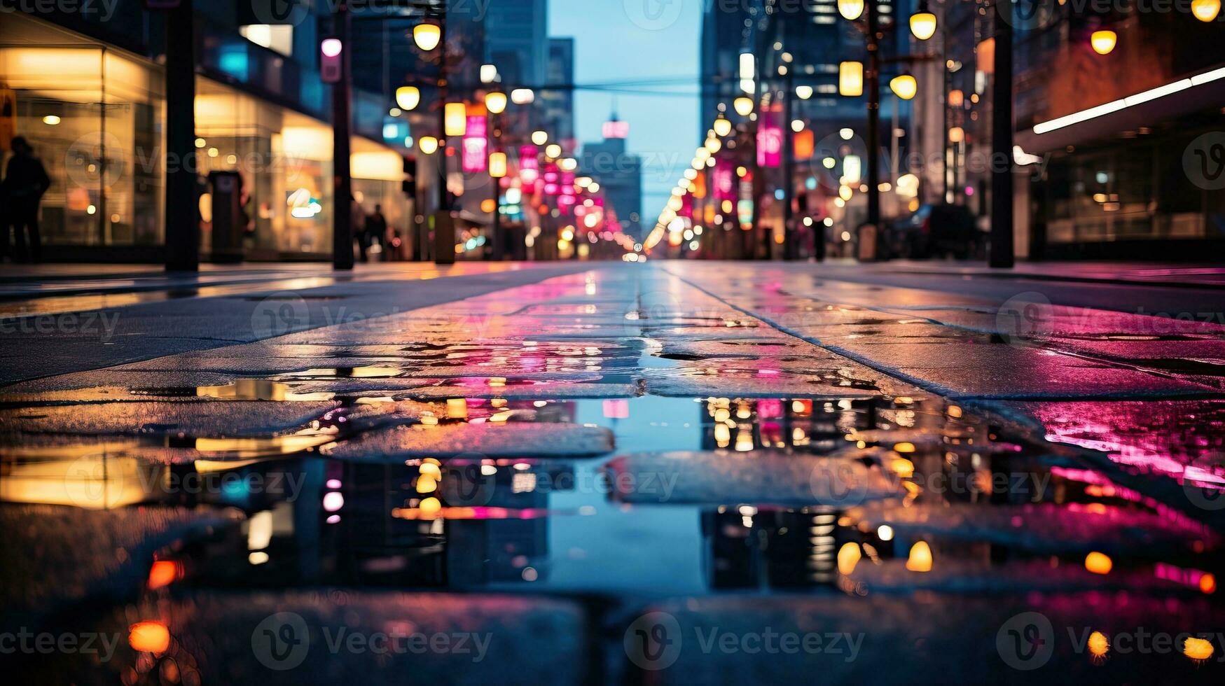 Raindrops on the pavement at night AI Generated photo