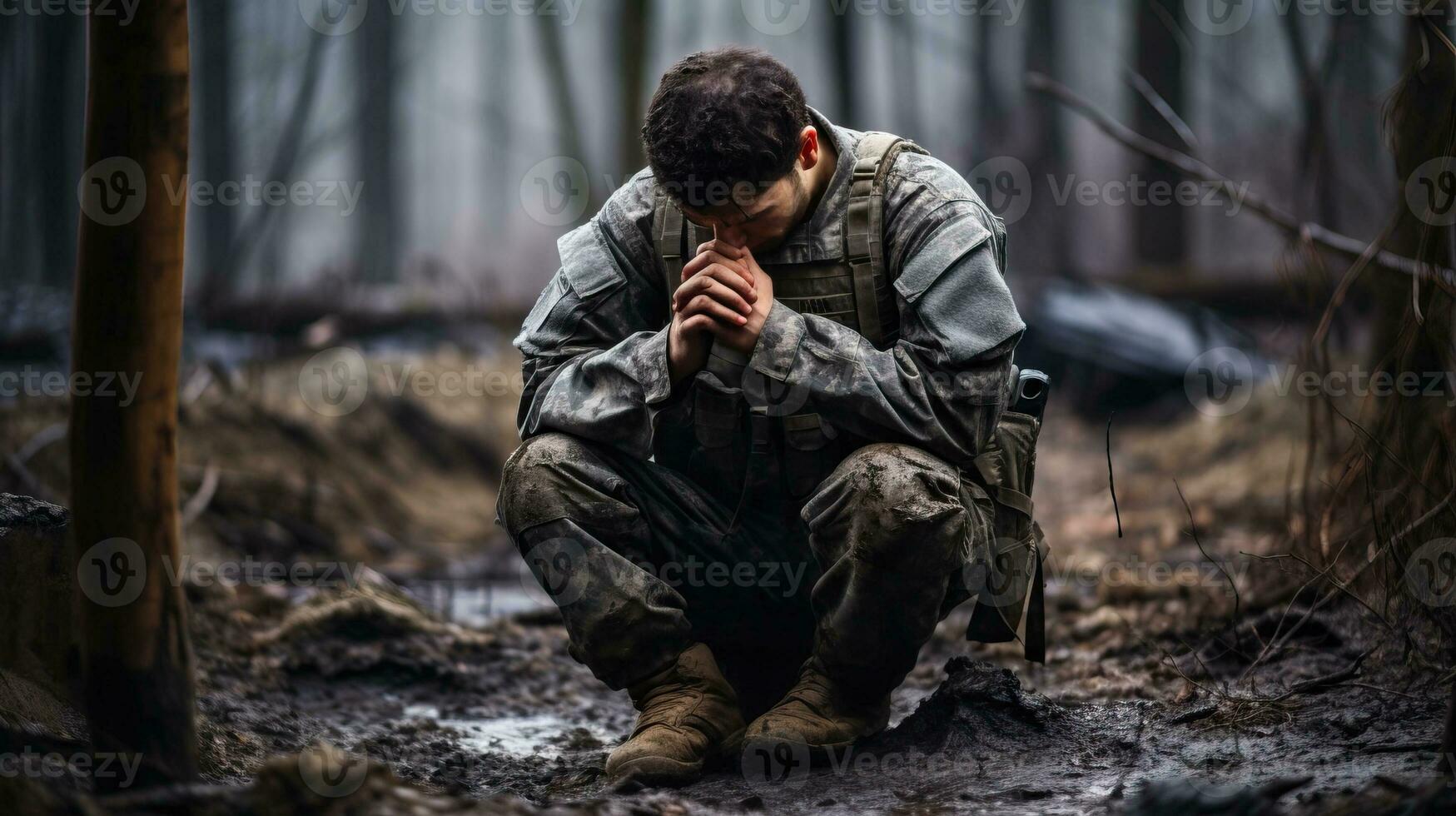 un hombre en un militar uniforme se sienta en el suelo en el bosque ai generado foto