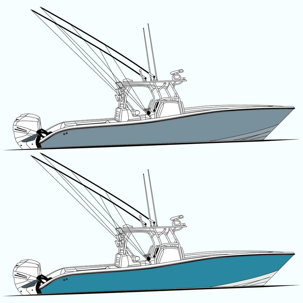 Vector Line Art Illustration of a Fishing Boat and one color