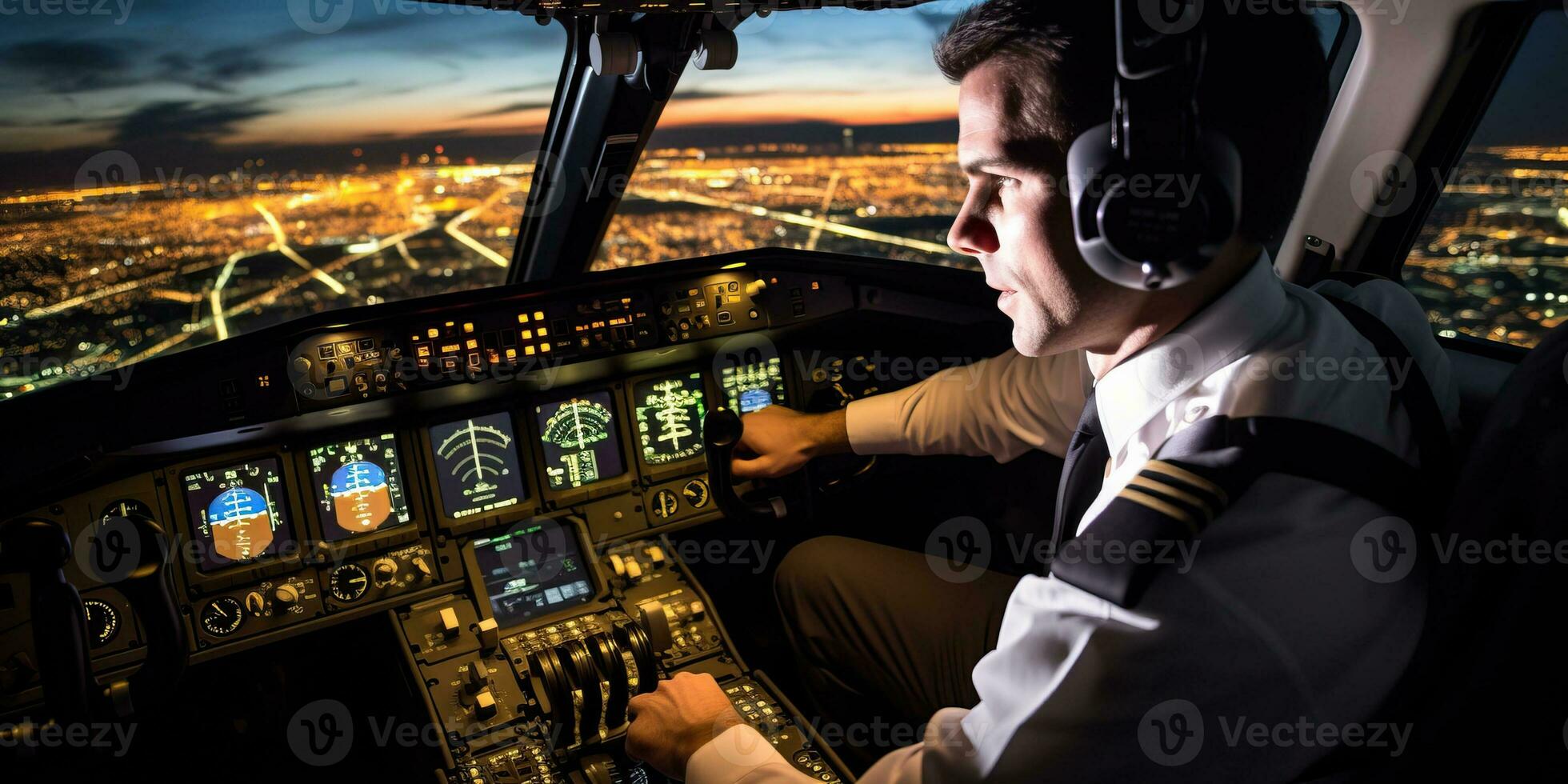 Pilot in the cockpit of a plane with a view of the city AI Generated photo