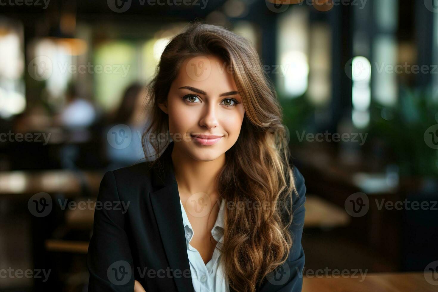 a beautiful young business woman sitting at a table in a cafe. AI Generated. photo