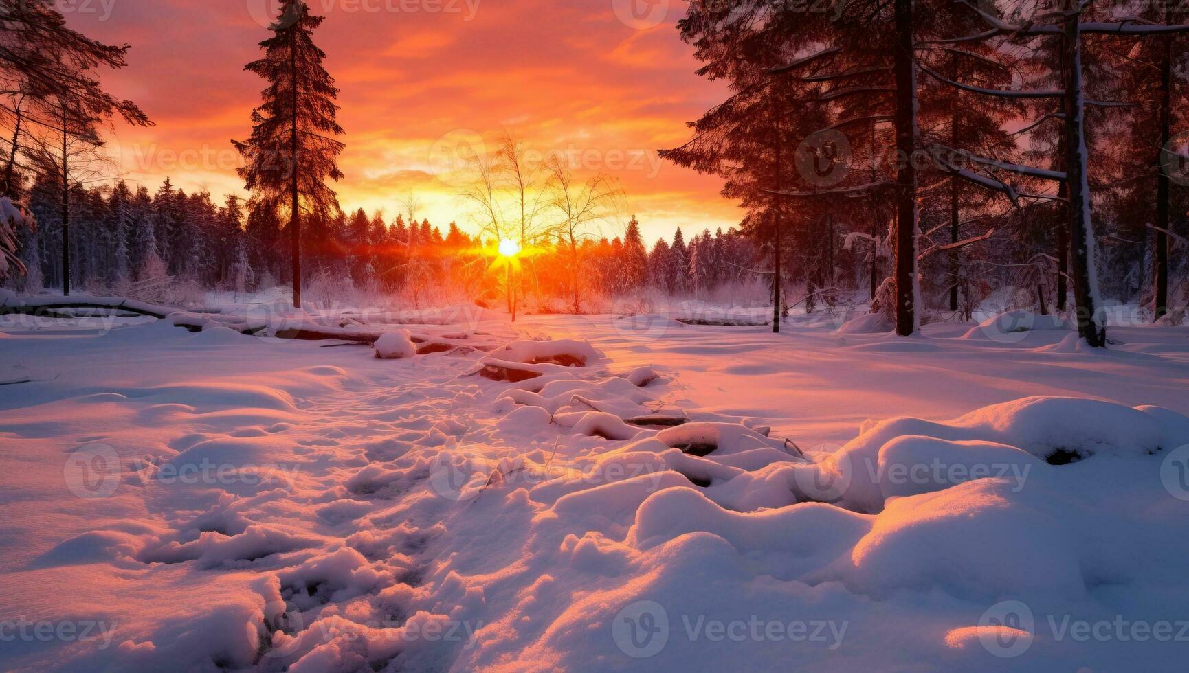 Sunset in the winter forest. Beautiful winter landscape with snow covered trees AI Generated photo