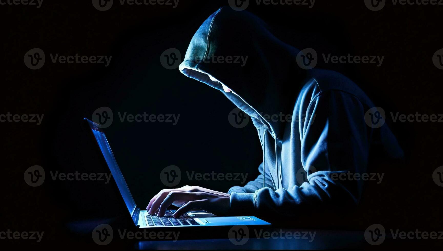 Hooded hacker stealing information from a laptop computer. AI Generated. photo