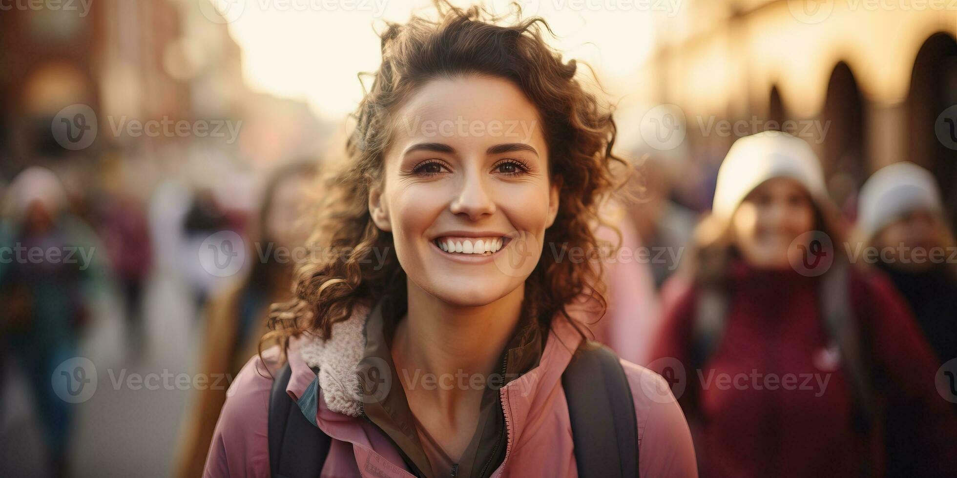 smiling young woman with backpack walking in the city. AI Generated. photo