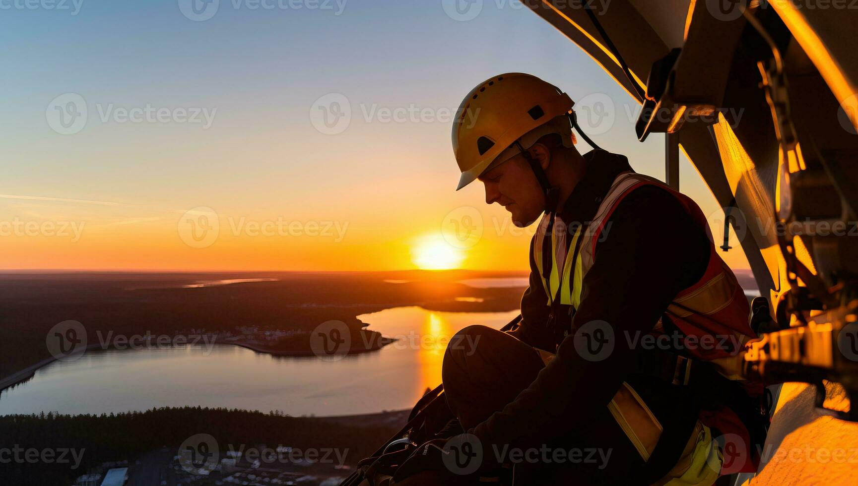 Workers sit on building poles at sunset AI Generated photo