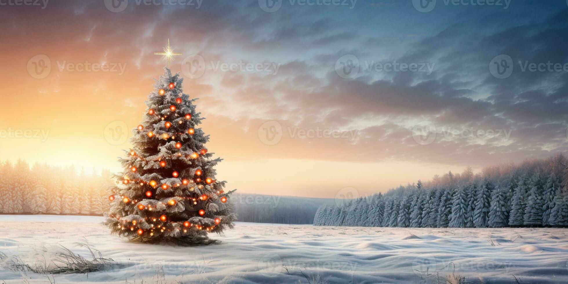 Christmas tree against snowy landscape with fir trees at sunset. AI Generated. photo
