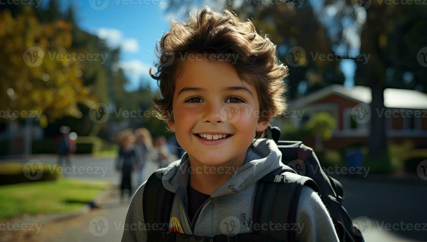 Portrait of a cute little boy with backpack standing in the park. AI Generated. photo