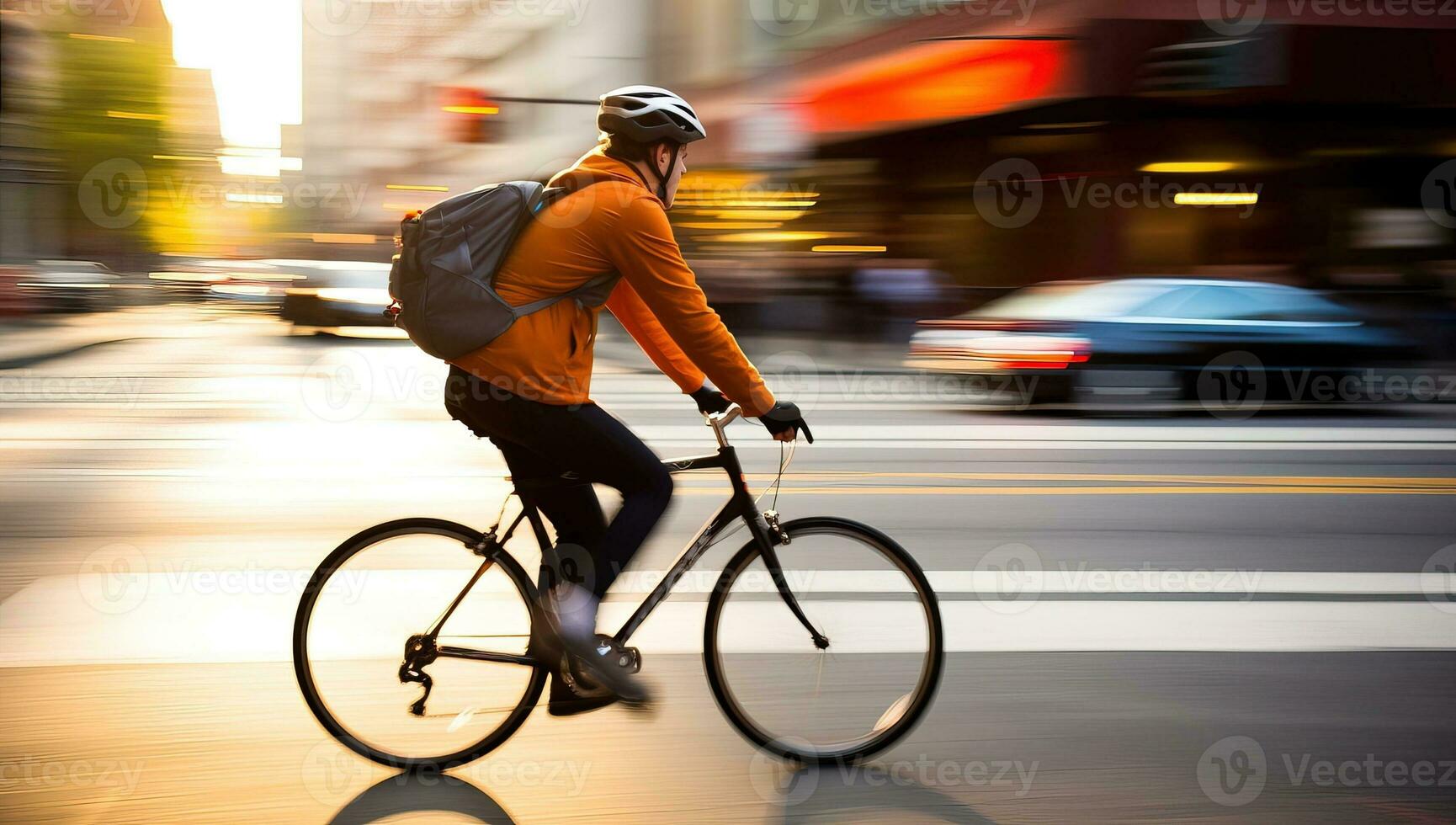 Cyclist in motion on a street. AI Generated. photo