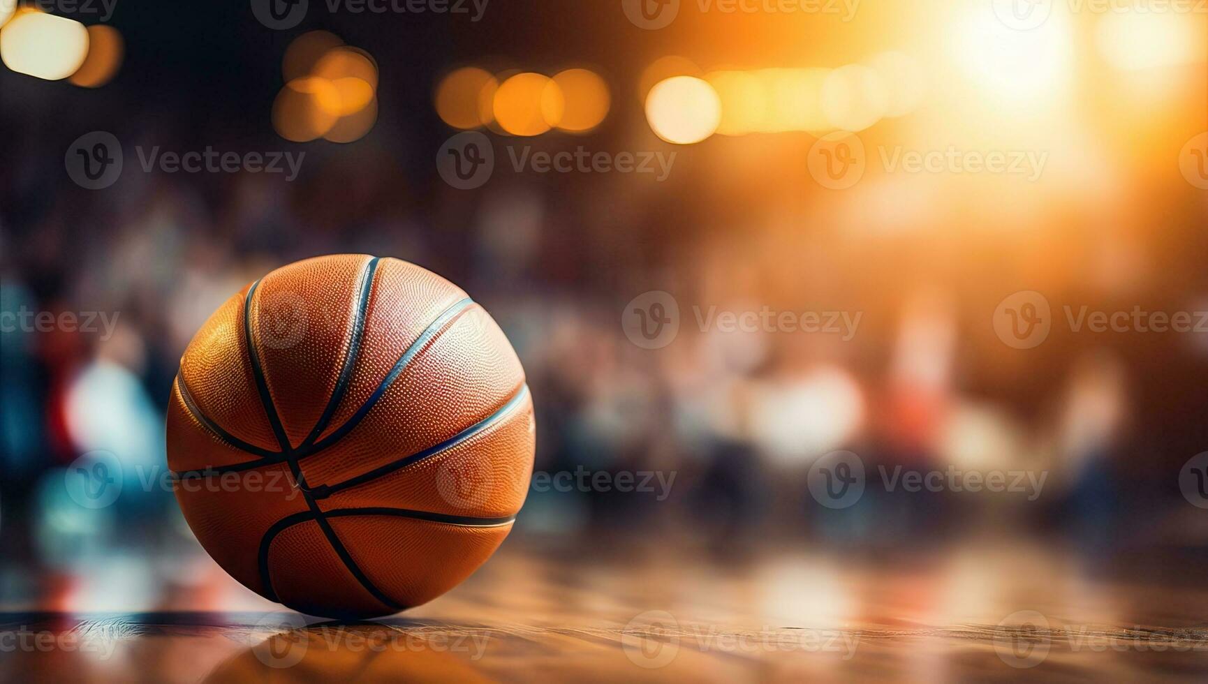 baloncesto pelota en el piso de un baloncesto Corte con borroso antecedentes. ai generado. foto