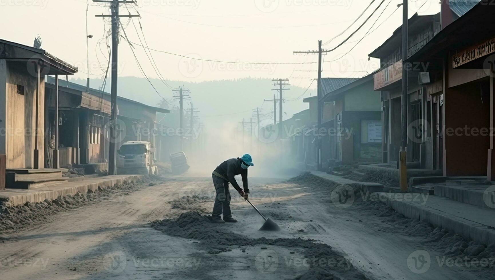 Workers are cleaning the road in the morning. AI Generated. photo