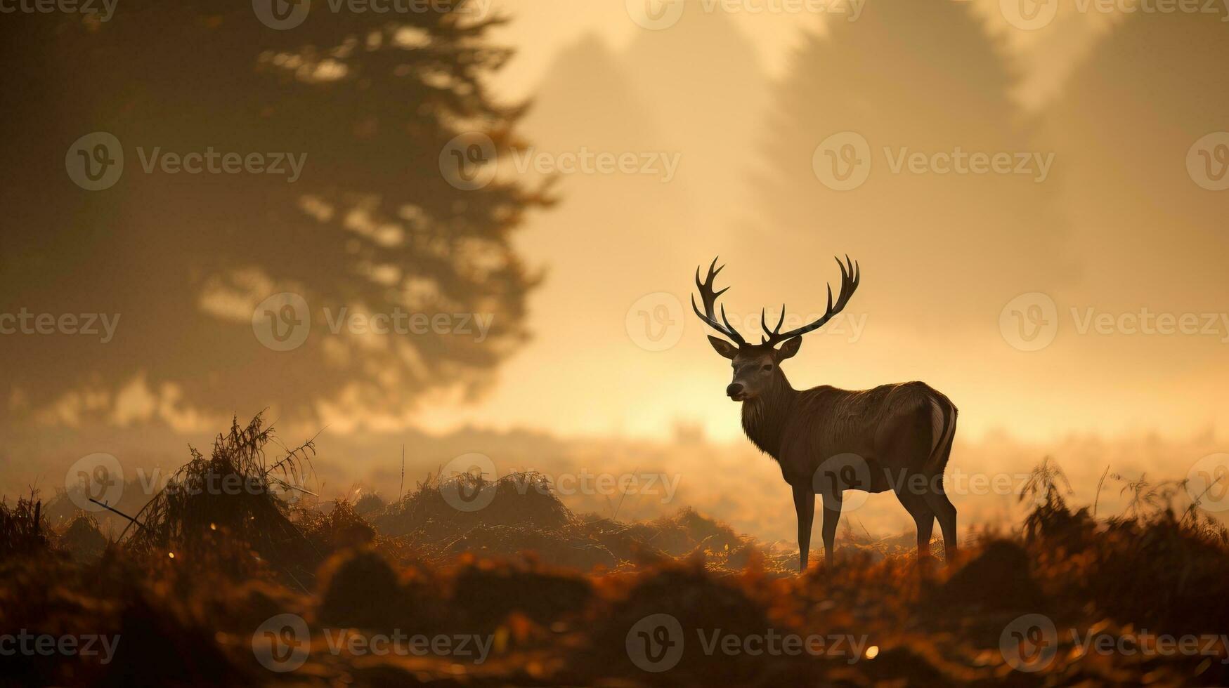 Red Deer Cervus elaphus in the morning mist. AI Generated. photo