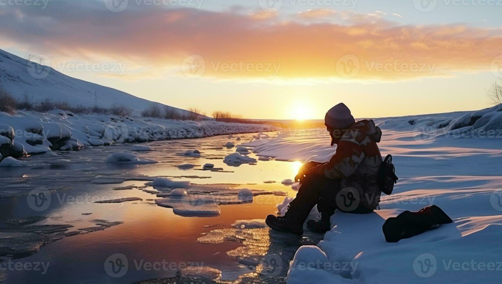 A man sits on the bank of a frozen river and looks at the sunset. AI Generated. photo