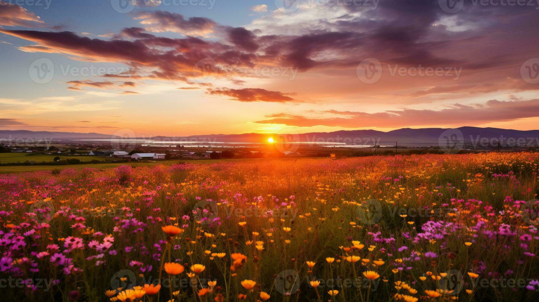 Sunset in the field with cosmos flowers AI Generated photo