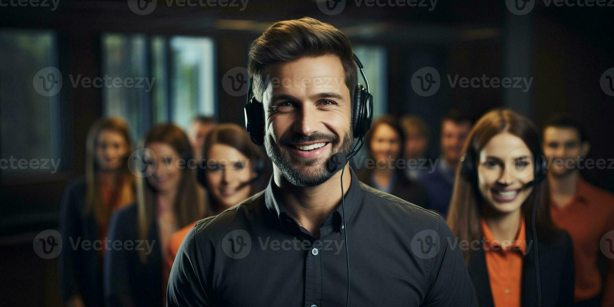 Portrait of smiling male customer support operator with headset in call center AI Generated photo