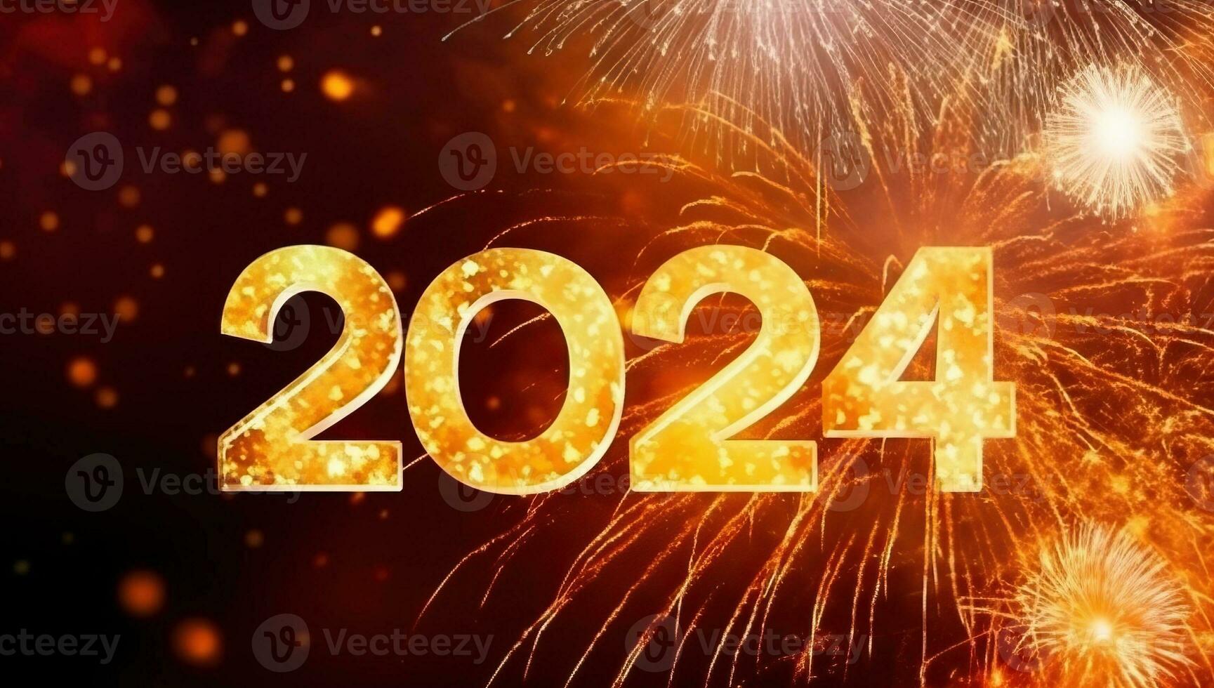 Happy New Year 2024 celebration background with fireworks and bokeh lights. AI Generated. photo