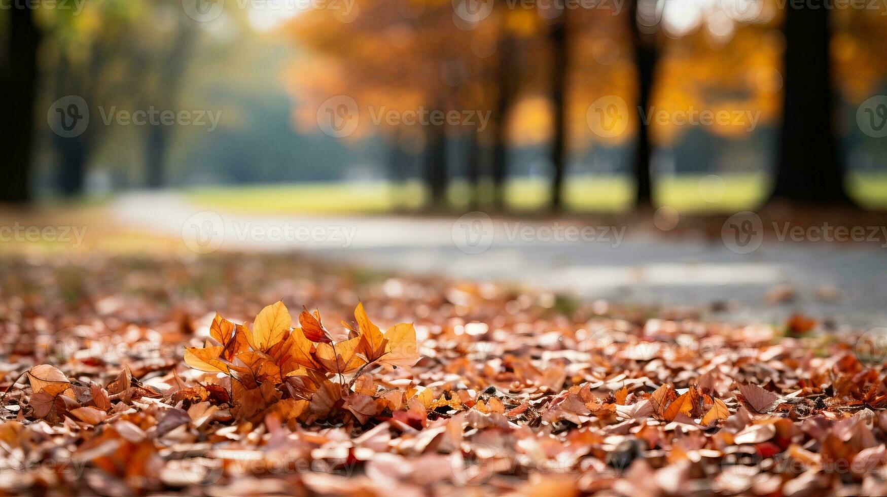 Autumn leaves on the ground in the park. Seasonal background. AI Generated. photo