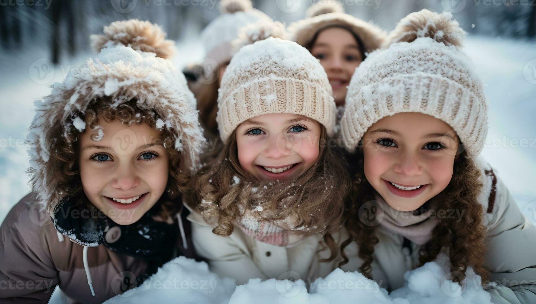 happy kids in winter and smiling in snowy park. AI Generated. photo