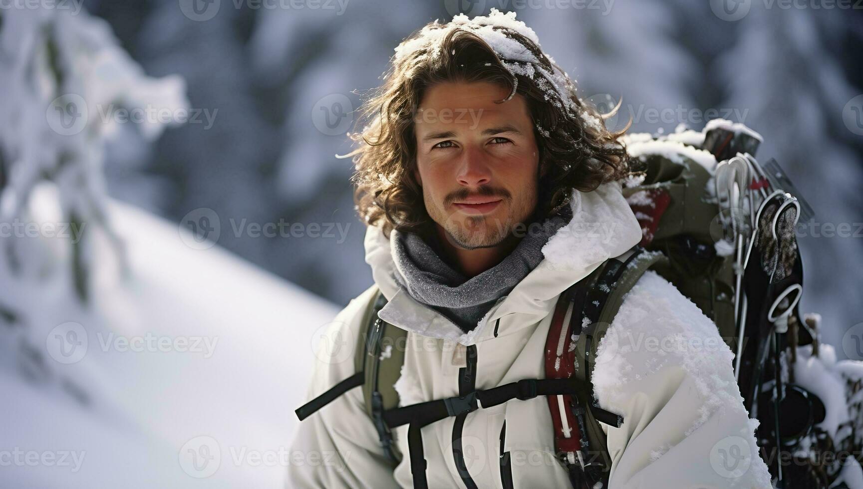 Handsome young man hiking in the mountains with snowshoes. AI Generated. photo