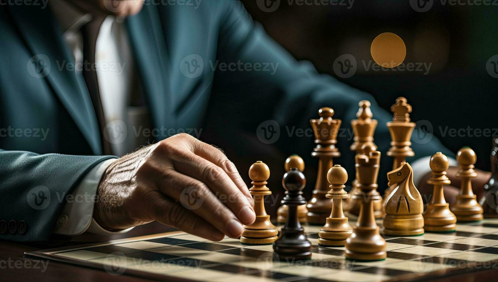 Close-up of a chess player playing a game of chess. AI Generated. photo