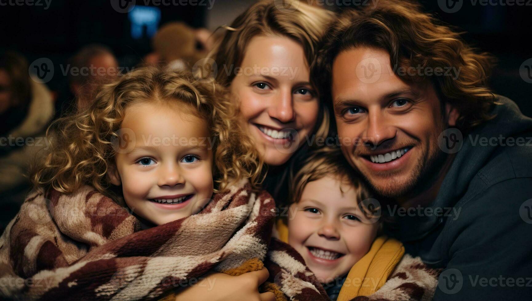 retrato de contento familia en calentar cobija mirando a cámara a hogar. ai generado. foto