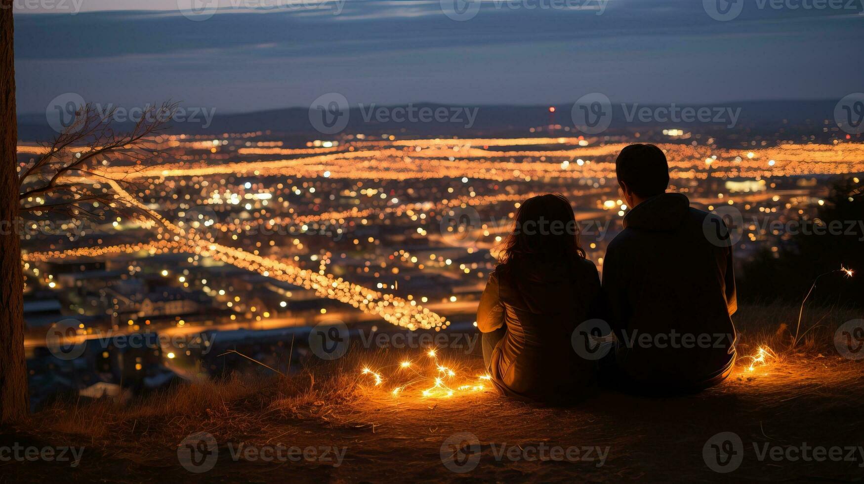 Young couple sitting on the edge of a cliff overlooking the city at night AI Generated photo