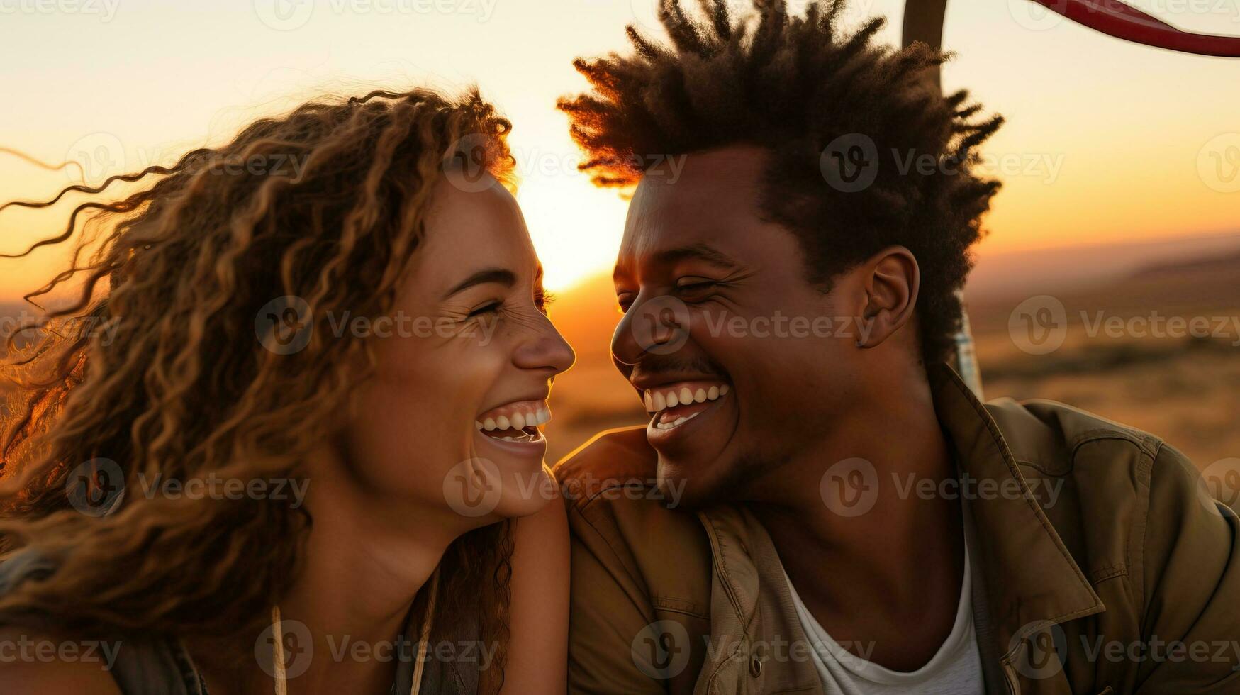 Cheerful multiethnic couple laughing and looking at each other in the sunset. AI Generated. photo