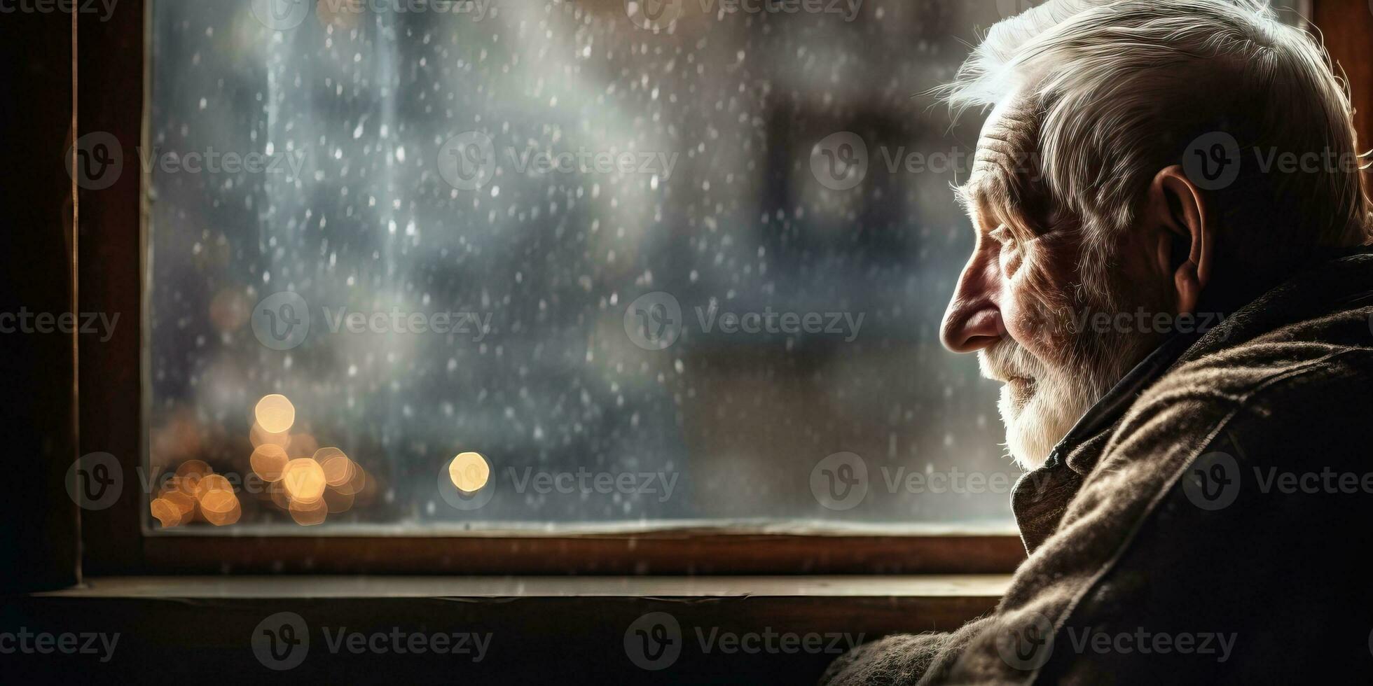 Elderly man sitting by the window at home AI Generated photo