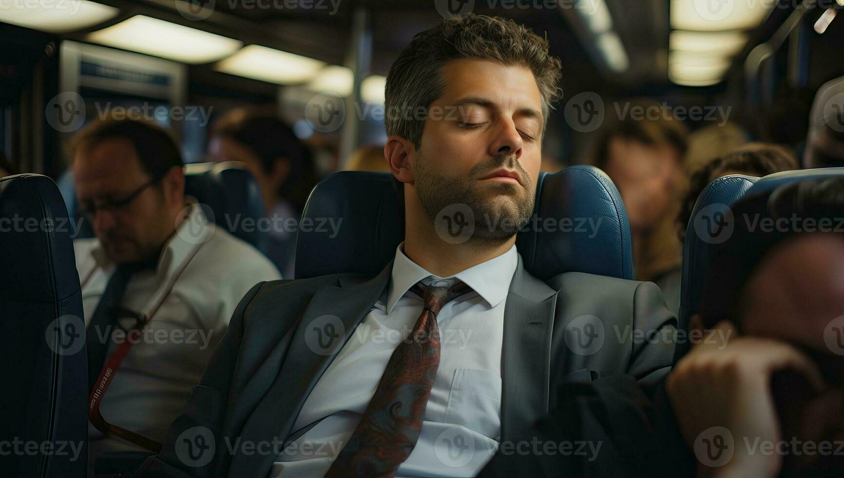 Businessman sleeping in a bus AI Generated photo