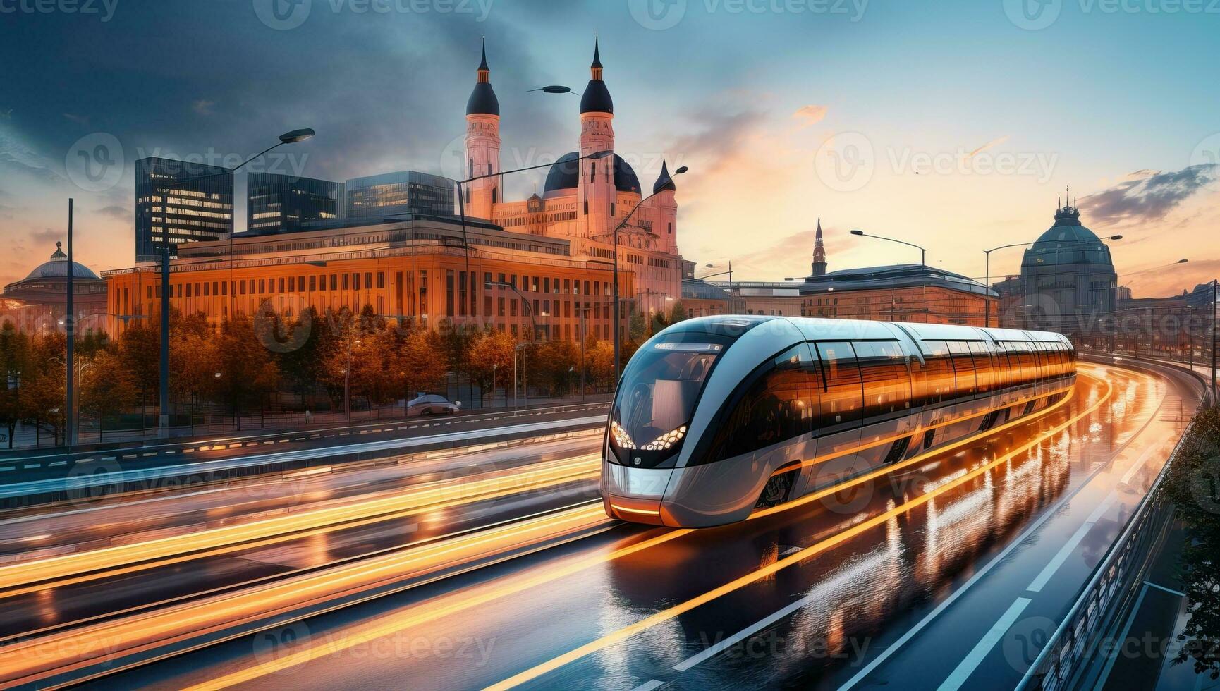 Modern high-speed train in the city AI Generated photo
