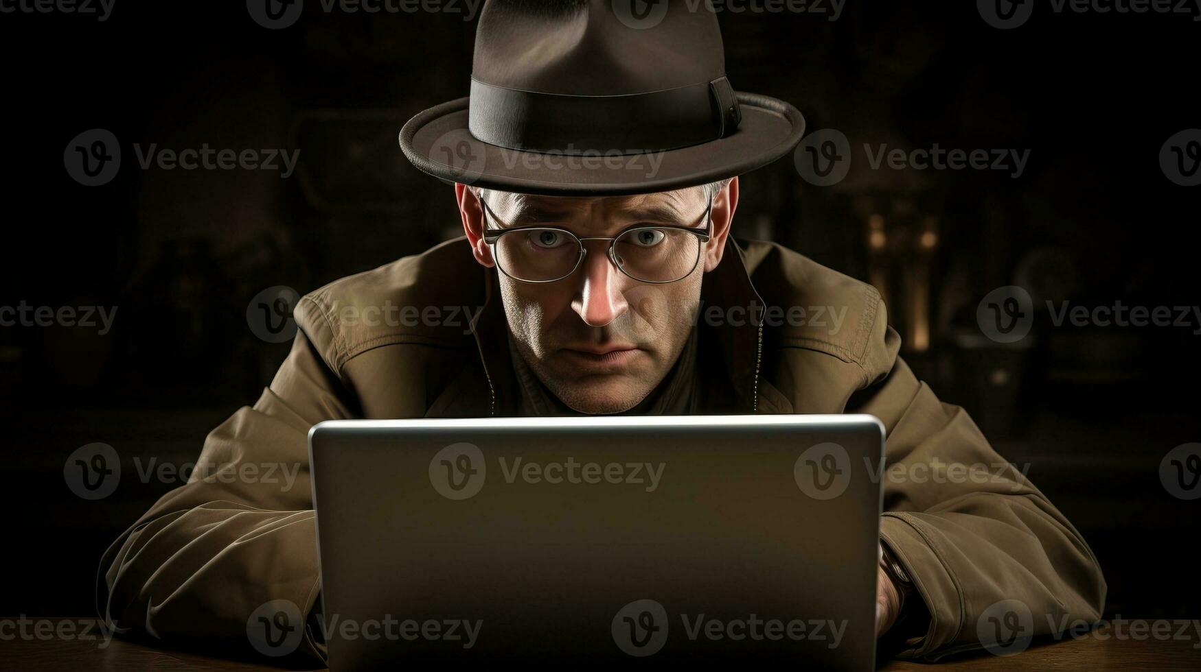Portrait of a detective in a hat and coat using a laptop AI Generated photo