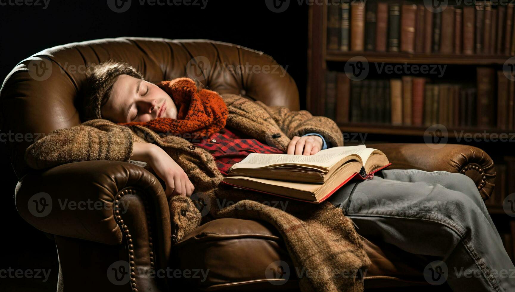 Young man sleeping in armchair and reading a book at night. AI Generated. photo