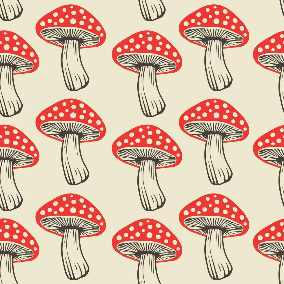 Seamless pattern. Vector flat fly agaric mushroom black background. amanita. vintage colors