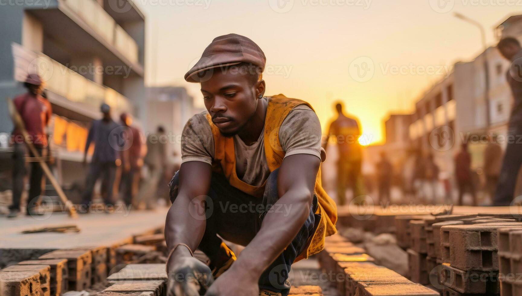 construction worker laying paving slabs on a construction site at sunset AI Generated photo