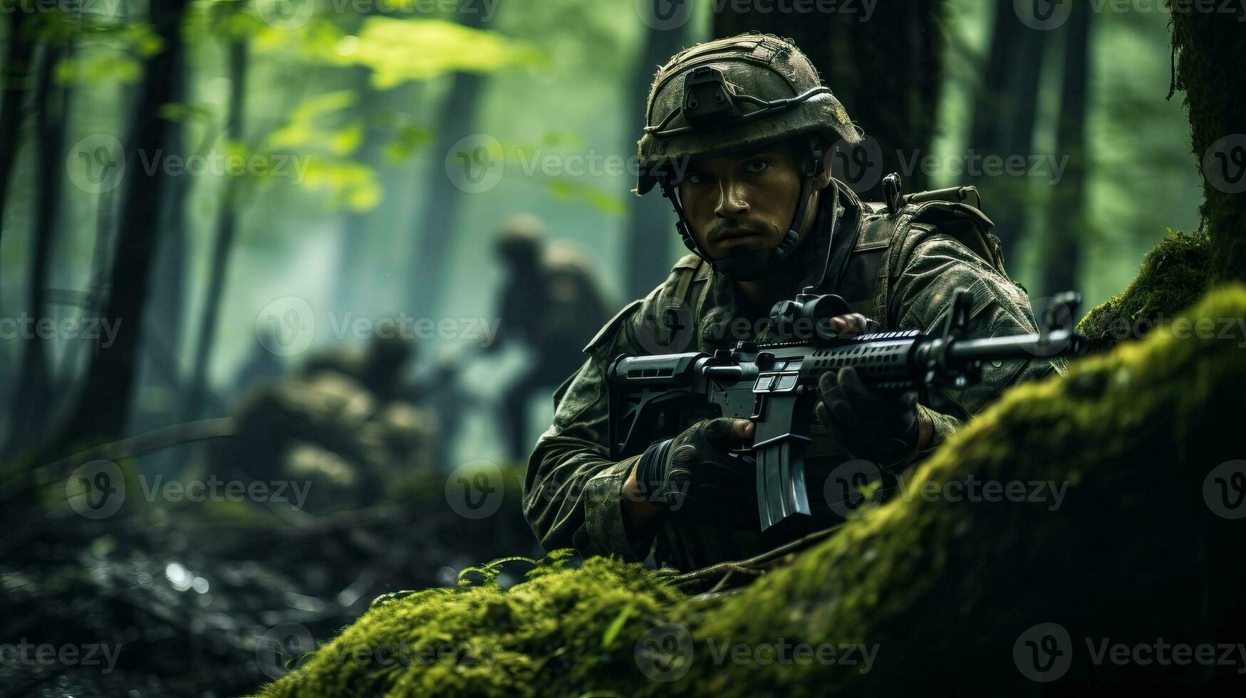 Army soldier with assault rifle in the forest. AI Generated. photo