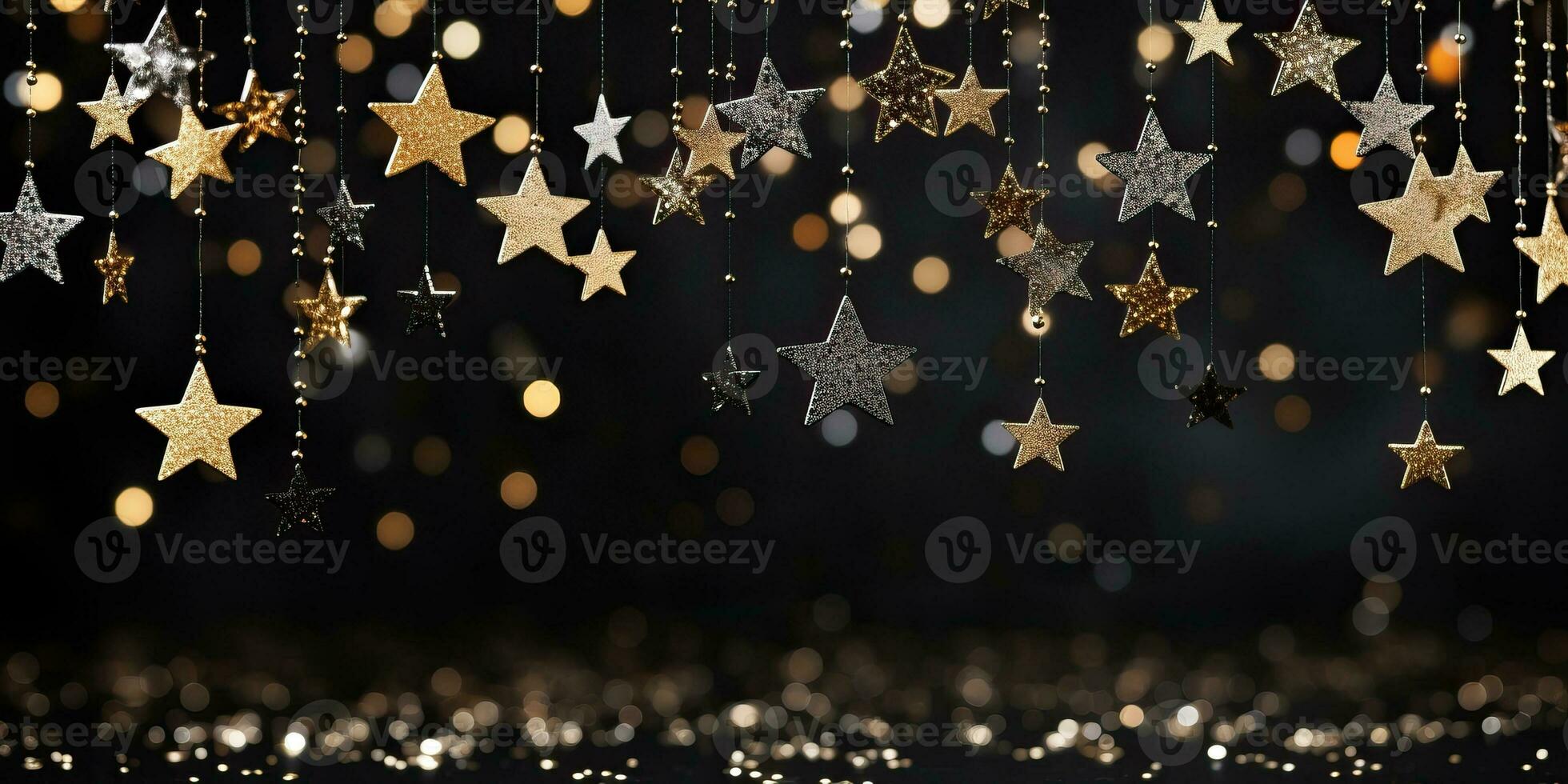 Christmas background with golden and silver stars, bokeh lights. AI Generated. photo