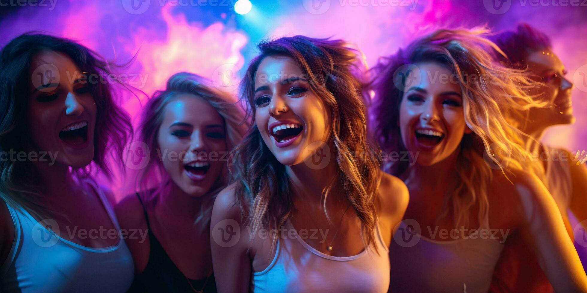 Portrait of beautiful young women dancing in night club with neon light. AI Generated. photo