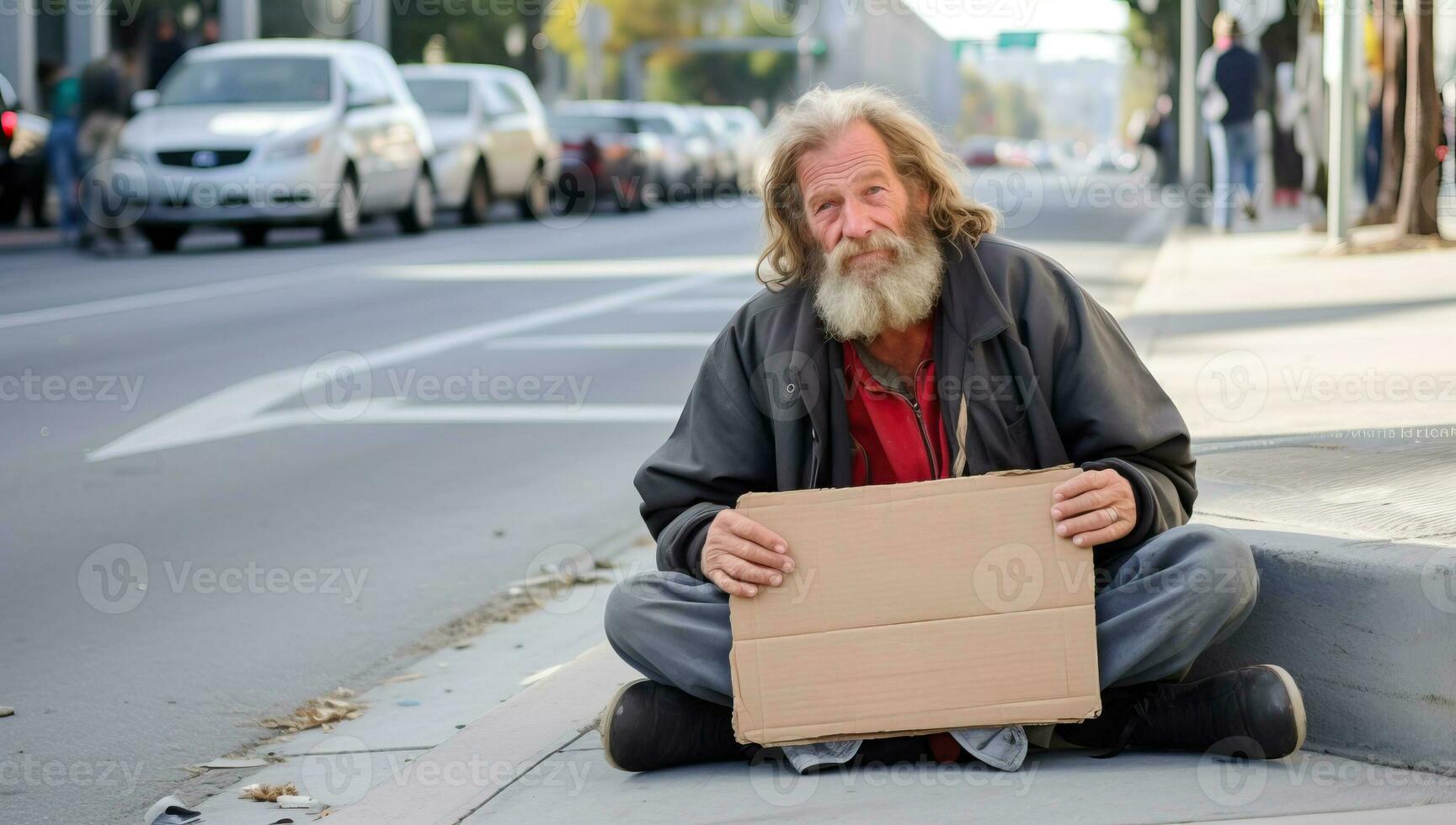 Homeless man sitting on the street and looking at the camera. AI Generated. photo