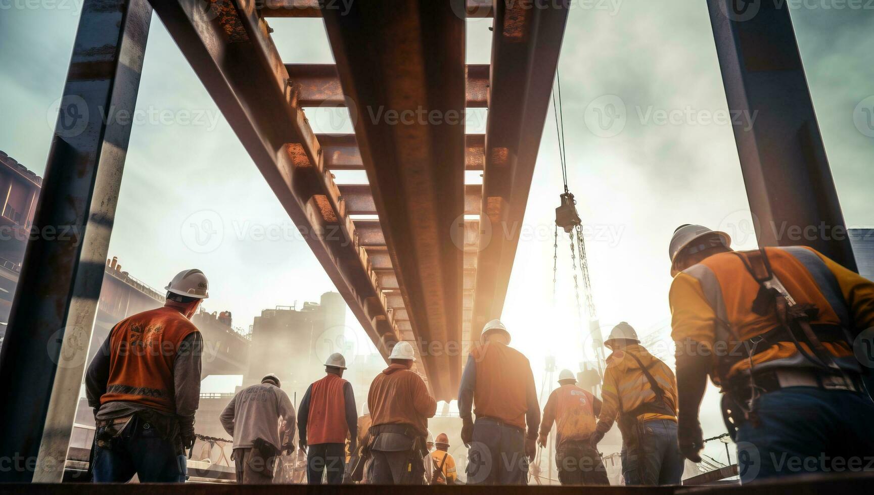 Group of construction workers working on the bridge at construction site. AI Generated. photo