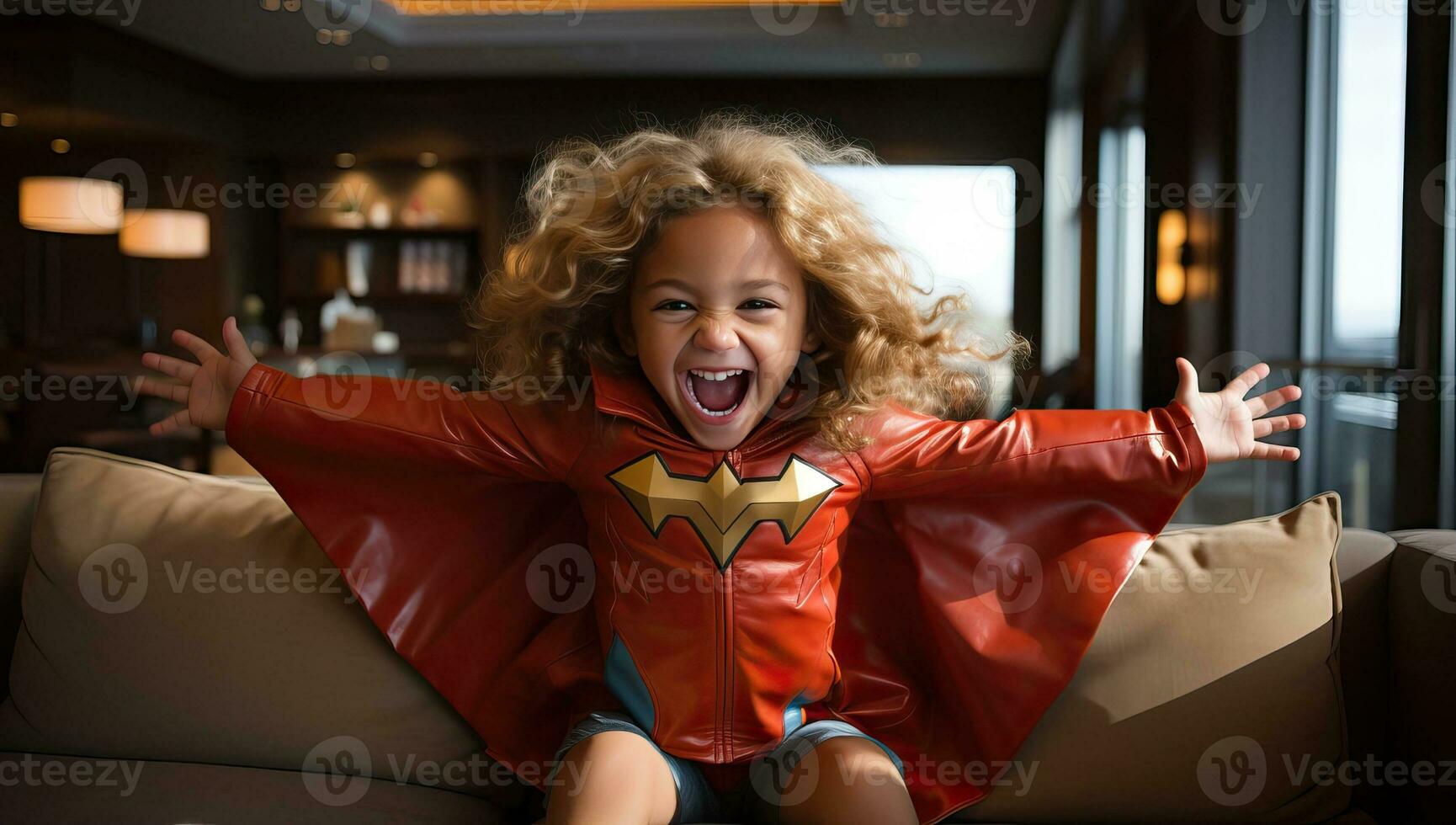 emocionado niño en superhéroe disfraz sentado en sofá y gritando a hogar. ai generado. foto